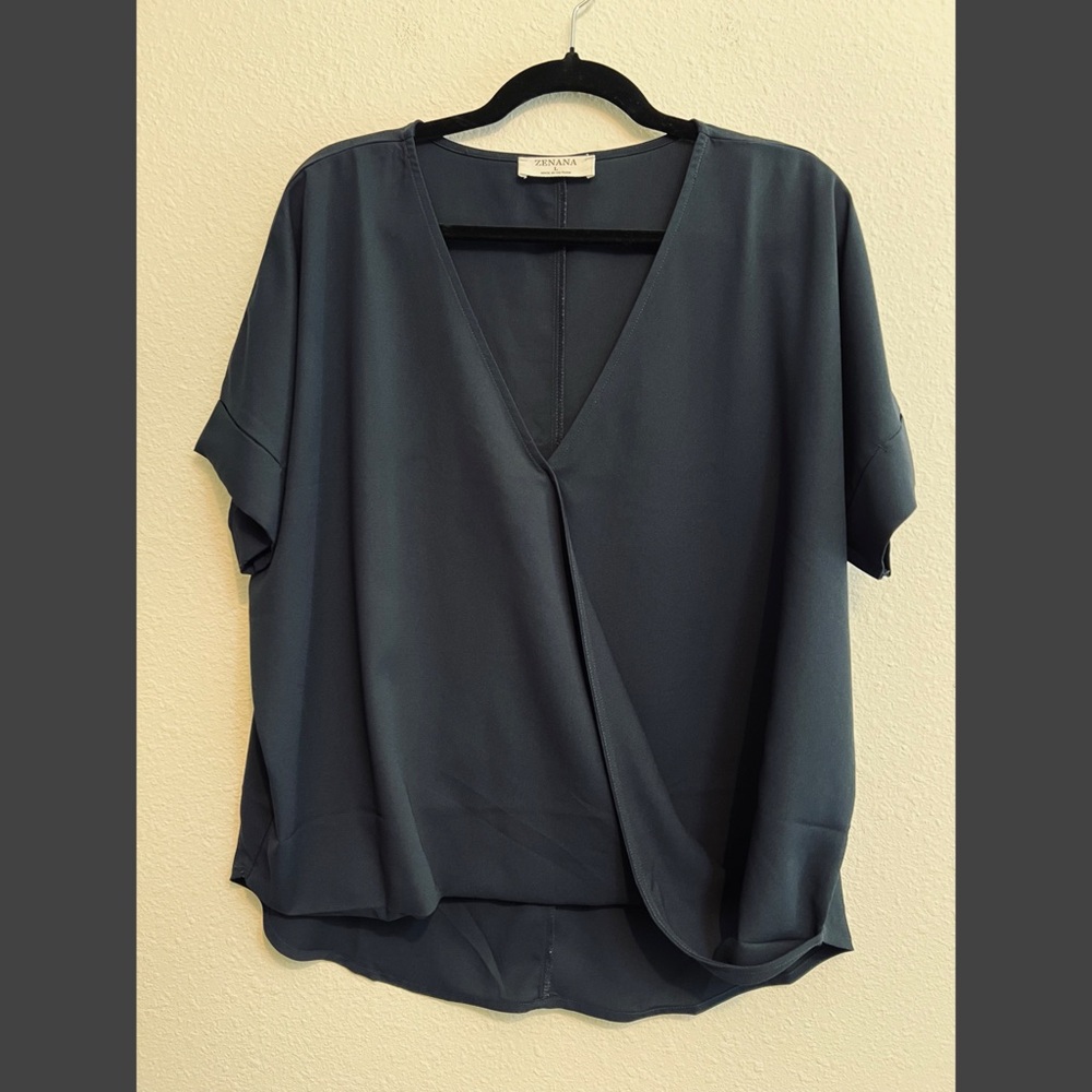 #1592 Zenana Faux Wrap top in navy blue Large